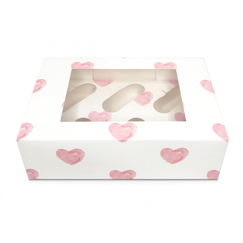 Simply Making White With Pink Hearts Satin Cupcake Box With Window - Holds 6