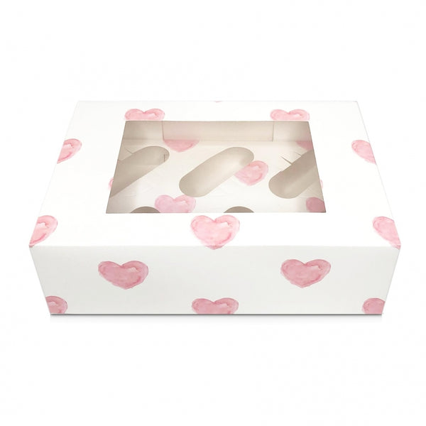 Simply Making White With Pink Hearts Satin Cupcake Box With Window - Holds 6