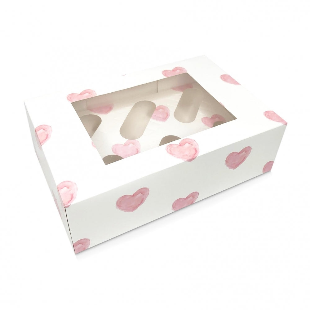 Simply Making White With Pink Hearts Satin Cupcake Box With Window - Holds 6