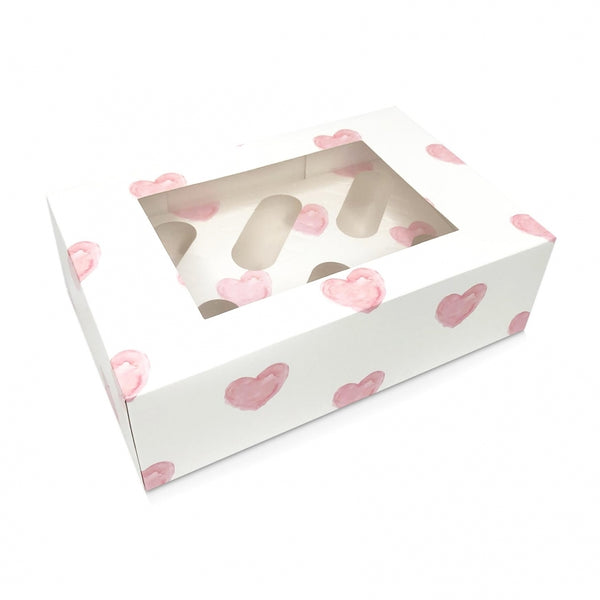 Simply Making White With Pink Hearts Satin Cupcake Box With Window - Holds 6