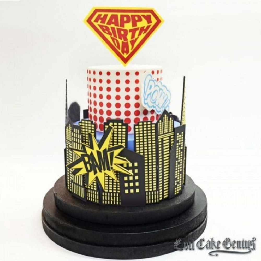 Evil Cake Genius Super Birthday Shield & Comic Elements Mesh Cake Stencil Set