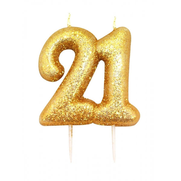 Anniversary House 21 number shaped gold glitter cake candle