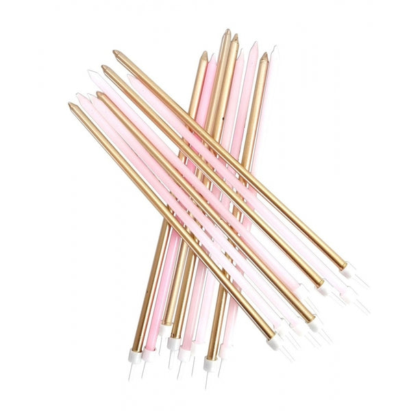 Anniversary House 16 pk PINK & GOLD MIX extra long birthday cake candles with holders