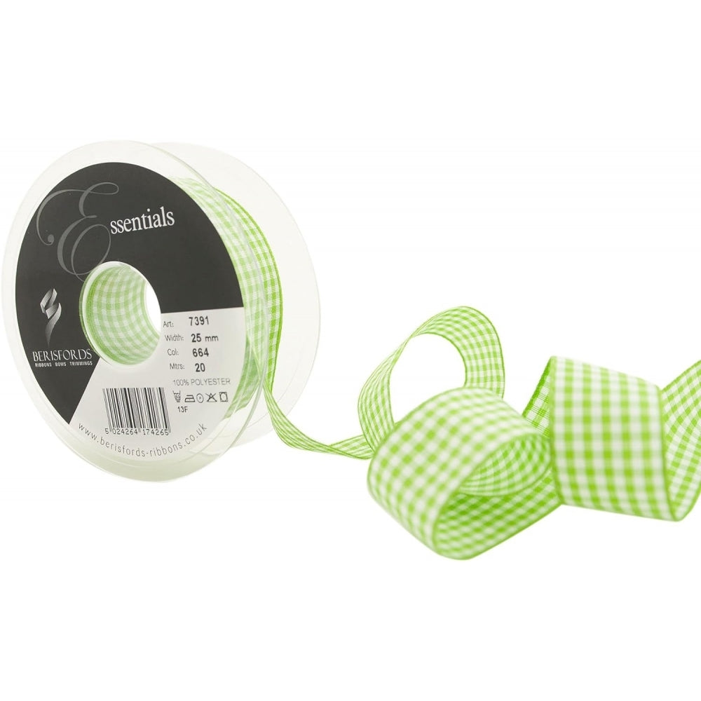 Berisfords Meadow Green Gingham Check Cake Ribbon 25mm x 20m