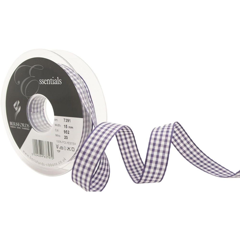 Berisfords Liberty Purple Gingham Check Cake Ribbon 15mm x 20m