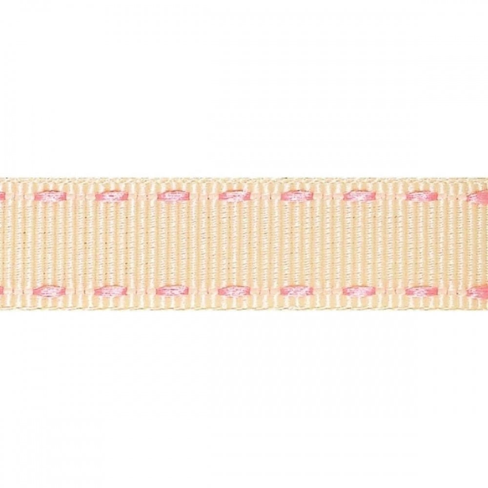 Berisfords IVORY / PINK 15mm x 4m stitched edge grosgrain ribbon