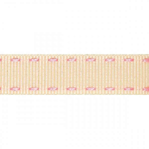 Berisfords IVORY / PINK 15mm x 4m stitched edge grosgrain ribbon