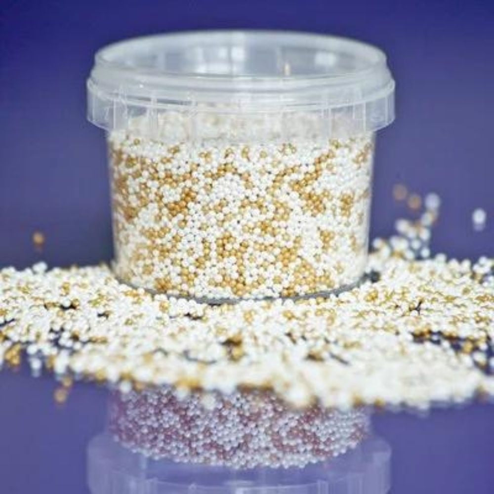 Purple Cupcakes 2mm Shimmer Pearl & Gold Non-Pareil Sugar Pearls (V) 100g