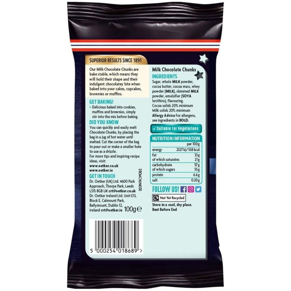 Dr. Oetker Milk Chocolate Chunks 100g