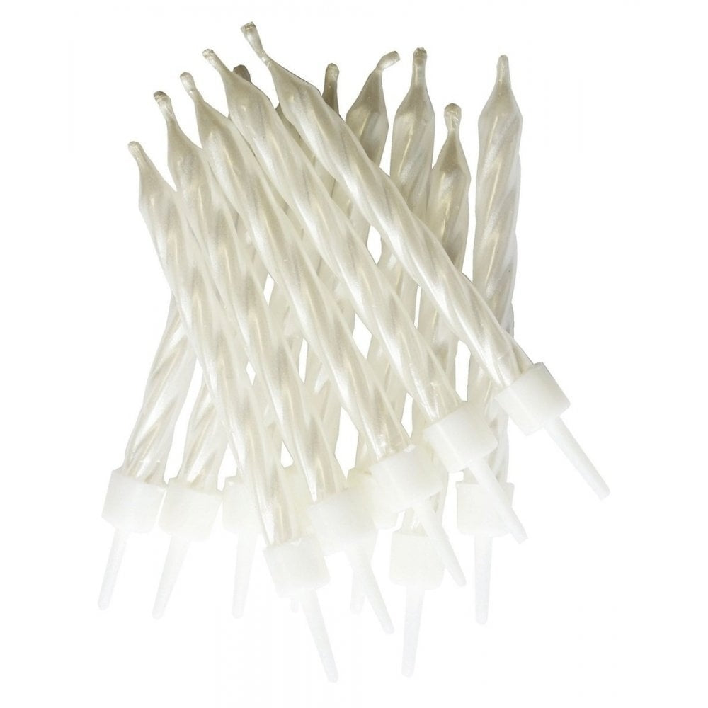 Anniversary House White Pearlescent Spiral Cake Candles With Holders x 12