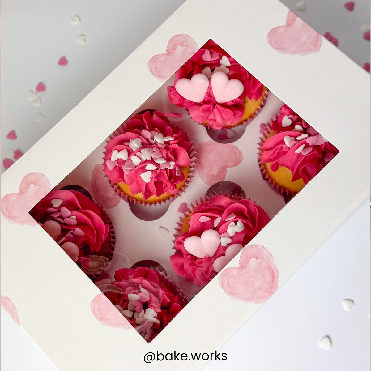 Simply Making White With Pink Hearts Satin Cupcake Box With Window - Holds 6