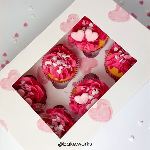 Simply Making White With Pink Hearts Satin Cupcake Box With Window - Holds 6