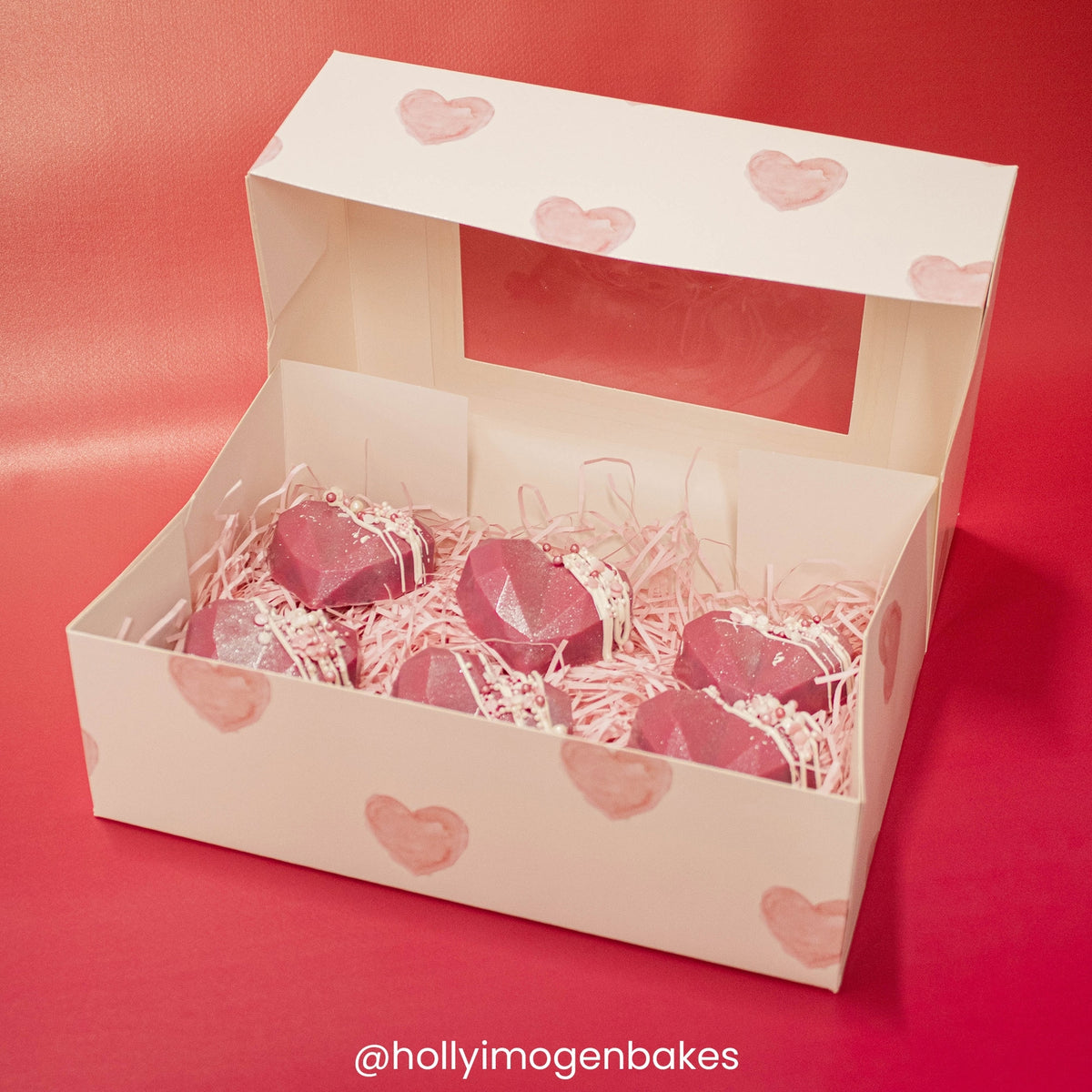 Simply Making White With Pink Hearts Satin Cupcake Box With Window - Holds 6