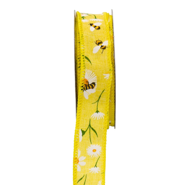 Colour Ribbons 25mm Yellow Floral Spring Print Wired Edge Ribbon (10 Metre Reel)