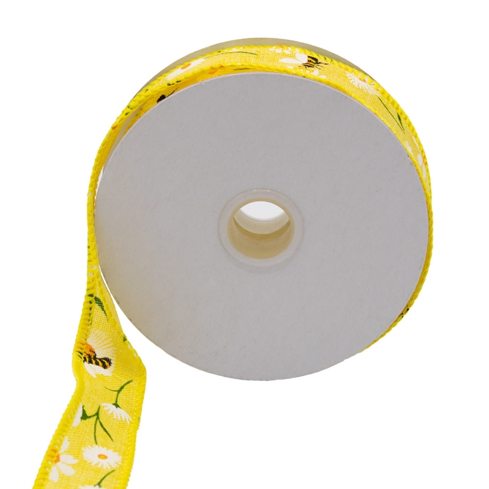 Colour Ribbons 25mm Yellow Floral Spring Print Wired Edge Ribbon (10 Metre Reel)