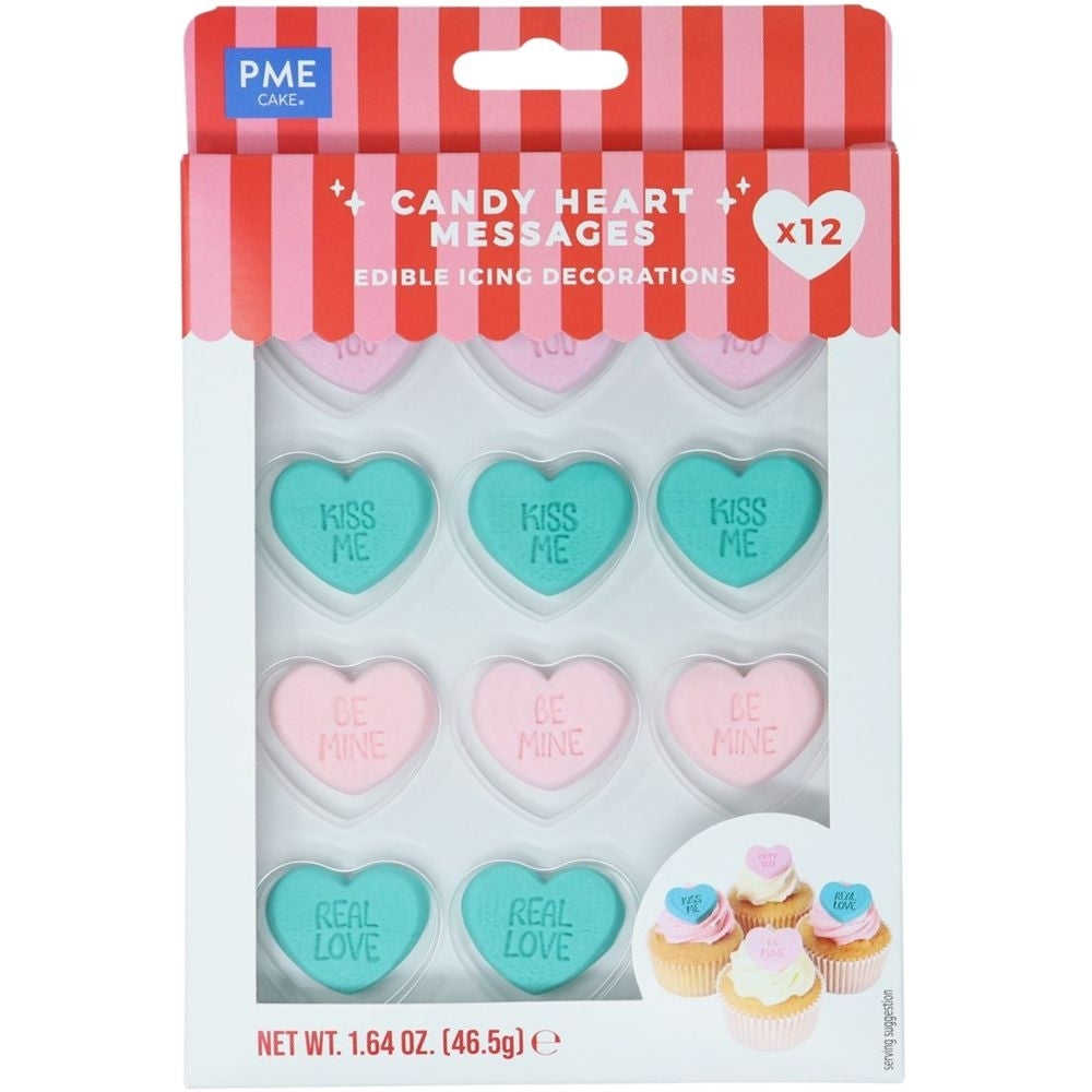PME Candy Heart Messages Valentines Edible Sugar Decorations x 12