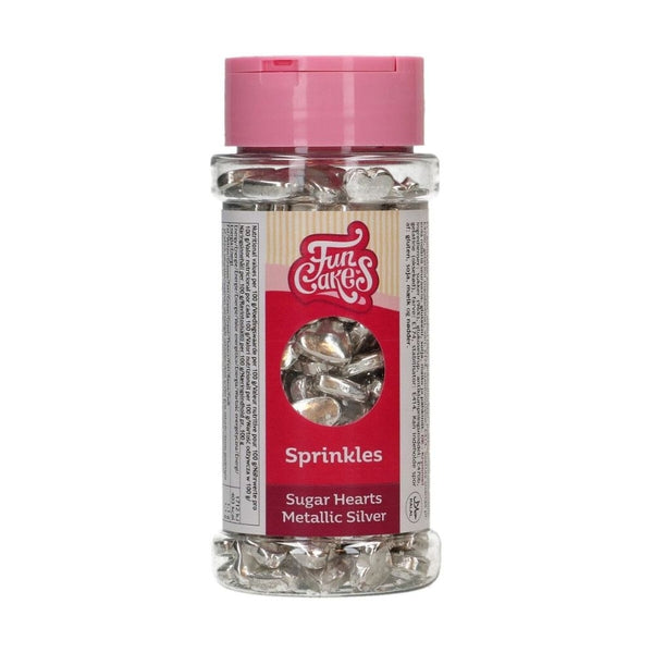FunCakes Metallic Silver Sugar Hearts Sprinkles 80g