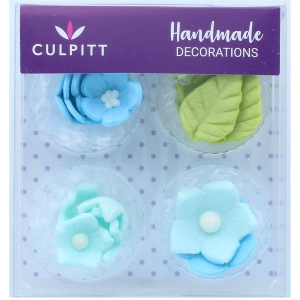 Culpitt Blue Flower & Leaves Edible Toppers (16 Pieces)