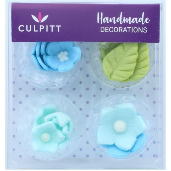 Culpitt Blue Flower & Leaves Edible Toppers (16 Pieces)