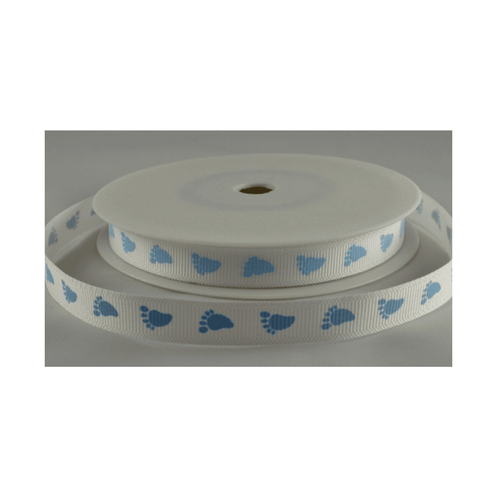 Colour Ribbons White Grosgrain Ribbon With Blue Baby Feet Design, 10mm - 20 Metre Reel