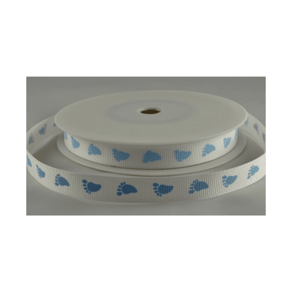 Colour Ribbons White Grosgrain Ribbon With Blue Baby Feet Design, 10mm - 20 Metre Reel