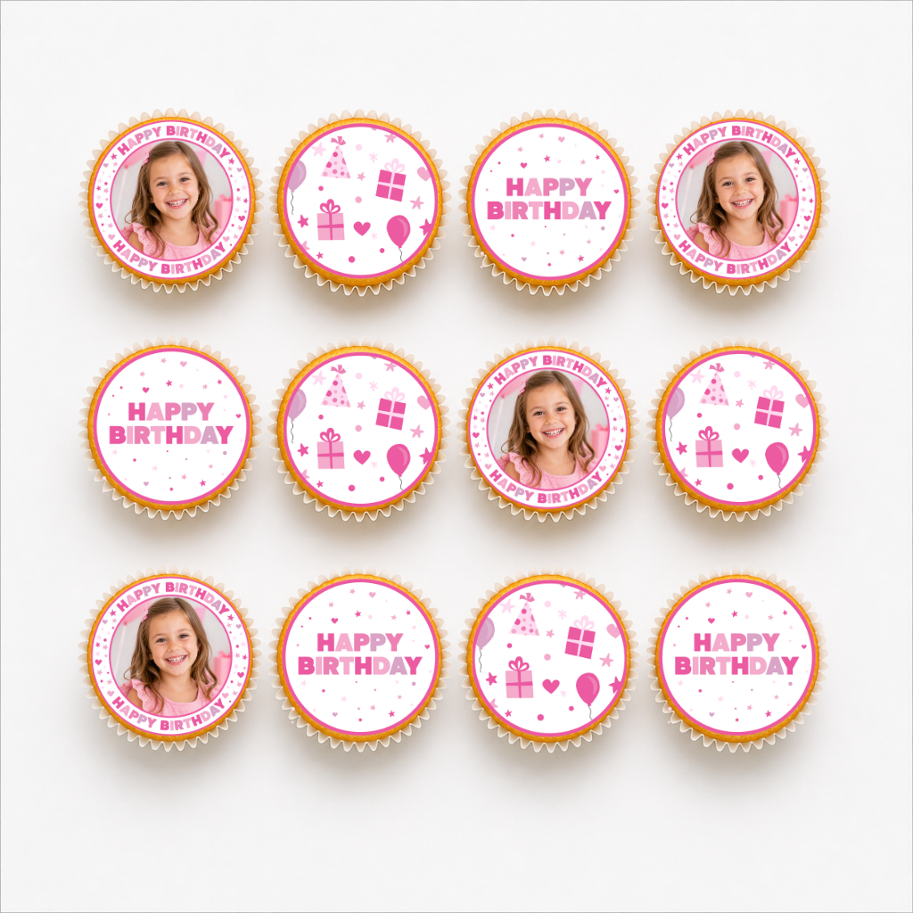 The Cake Decorating Company Happy Birthday Cupcake Edible Photo Set - Pink
