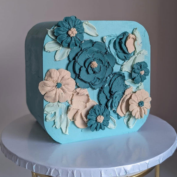 Blue Squircle Cake with Buttercream Flowers